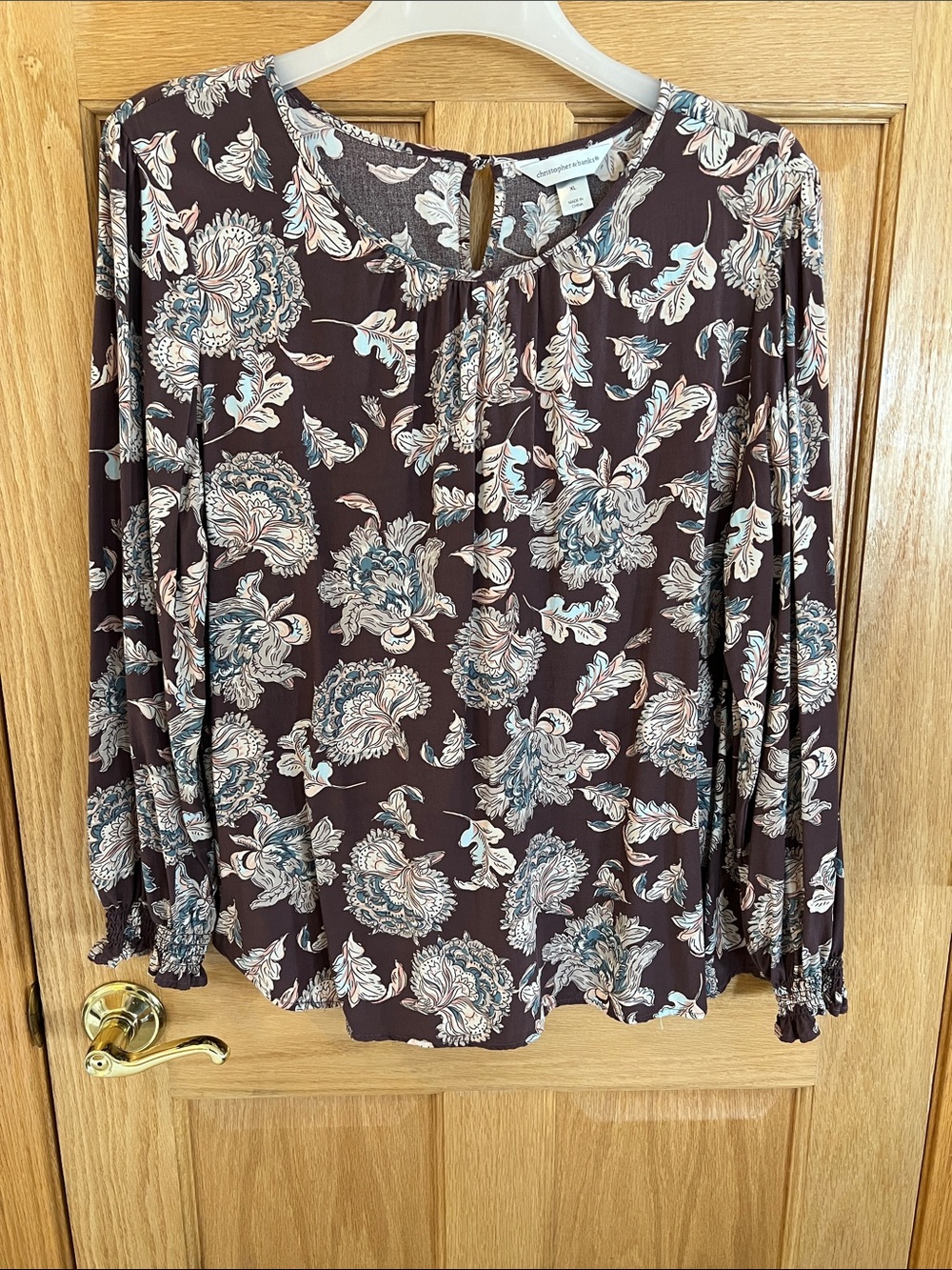 Christopher & Banks Brown Floral Long-Sleeve Blouse
